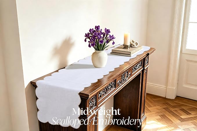 100% Natural Linen Rustic Scalloped Embroidery Table Runner 90 Inches Long - Image 2
