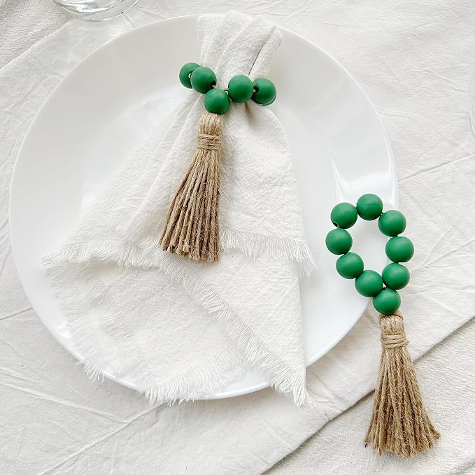Napkin Rings Set of 12, Wooden Bead Elastic Tassel Napkin Ring | Tassel Napkin - Image 3