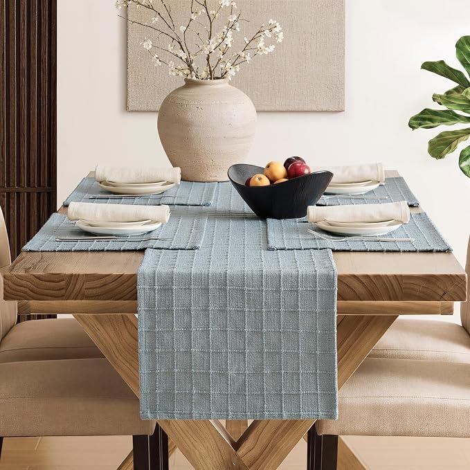 Artisanal Grid Linen Table Runner, 13x36 Inches Chambray | Heavy Textured - Image 4