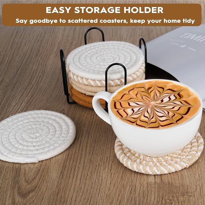 8 Pcs Drink Coasters with Holder, Boho Minimalist Cotton Woven Coasters Set - Image 6