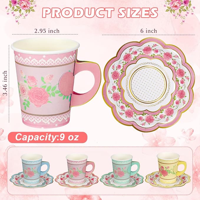 FillTouch 100 Sets Floral Paper Tea Cups and Saucers Disposable Paper Tea Party - Image 2