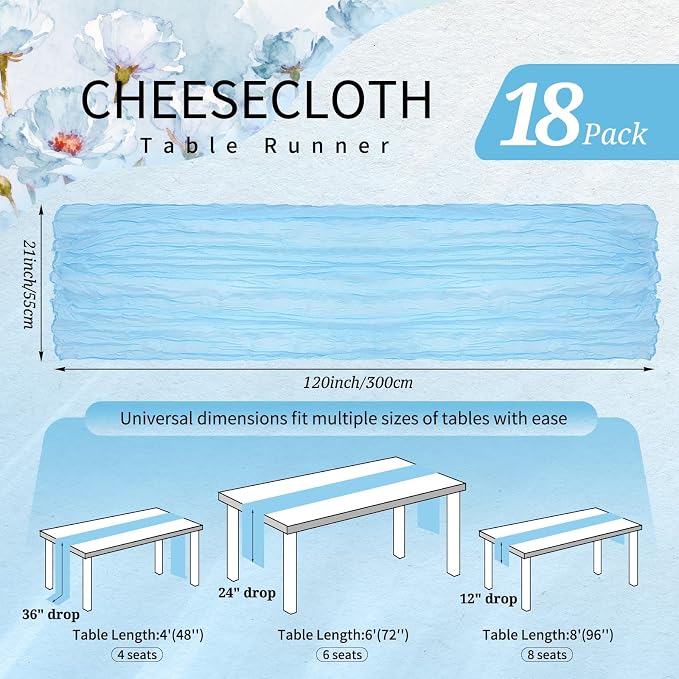 18 Pack Cheesecloth Table Runner 10FT Baby Blue Table Runner Light Blue Boho - Image 2