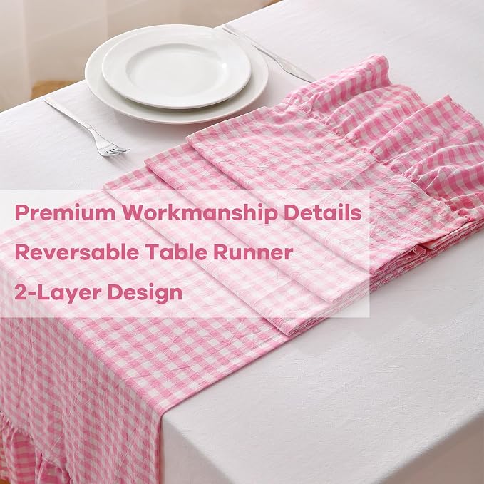 Pink White Plaid Gingham Ruffle Table Runner 108 inches Long 100% Washed Cotton - Image 5