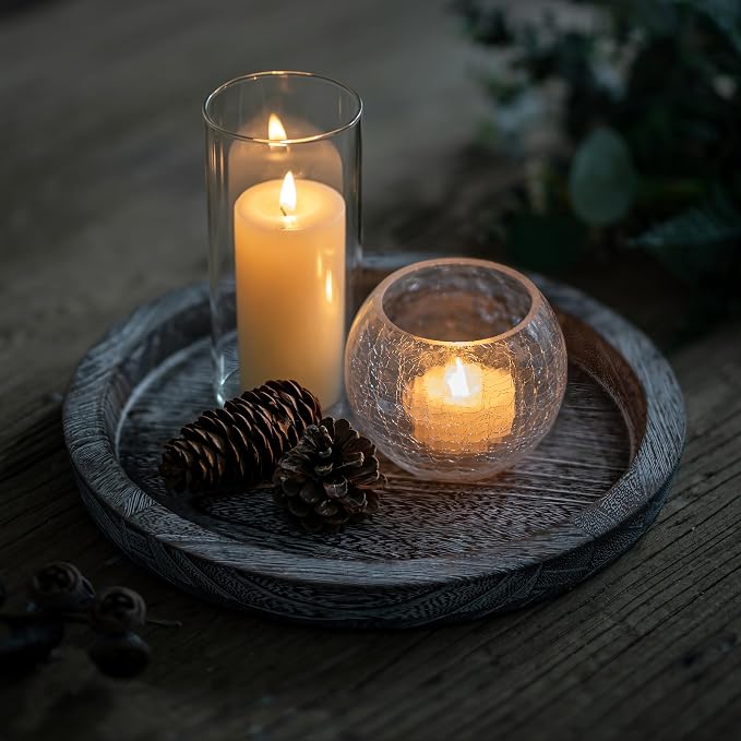 Hanobe Round Wood Candle Holder Tray, Rustic Coffee Table Centerpiece Decor | - Image 3