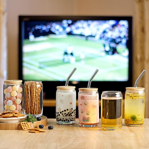Glass Cups with Bamboo Lids and Glass Straw - Image 6