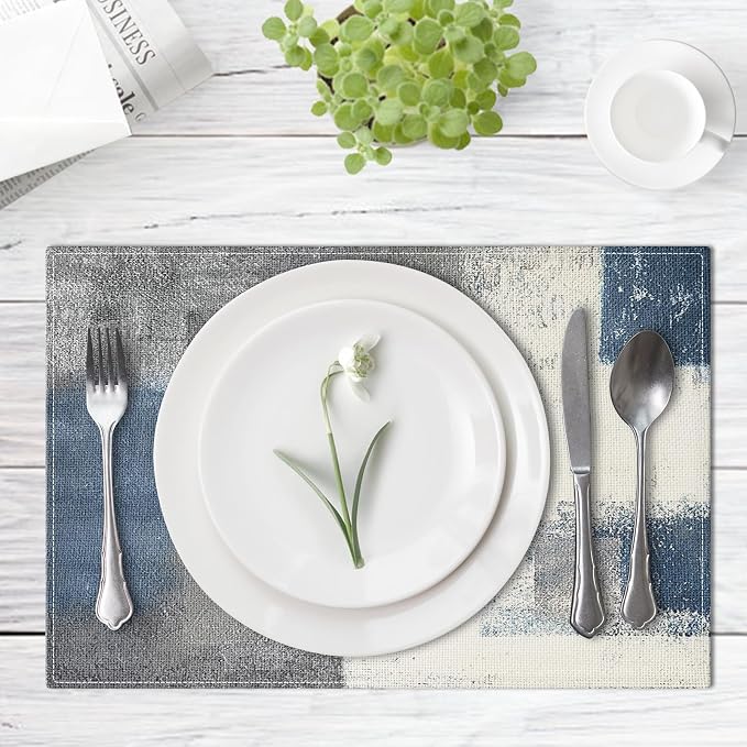Emvency Farmhouse Placemats Set of 6, 12x18 Inch, Geometric Abstract Blue | - Image 2