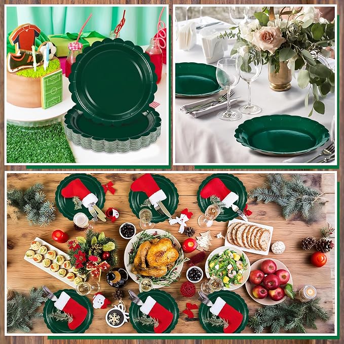 NatNarr 30 Pcs Dark Green Plates 9 Inch Scalloped Green Paper Plates | - Image 7