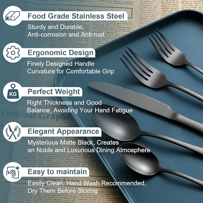 Matte Black Silverware Set for 4, Flatware Cutlery Set 20 Piece | Premium - Image 3