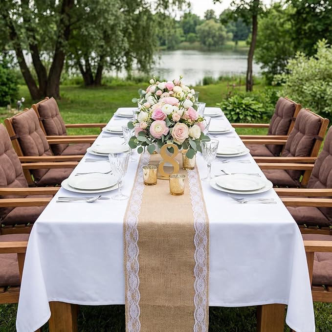 Tatuo 6 Pcs Lace Burlap Table Runner 12'' x 72'' Rustic Jute Hessian Farmhouse - Image 4