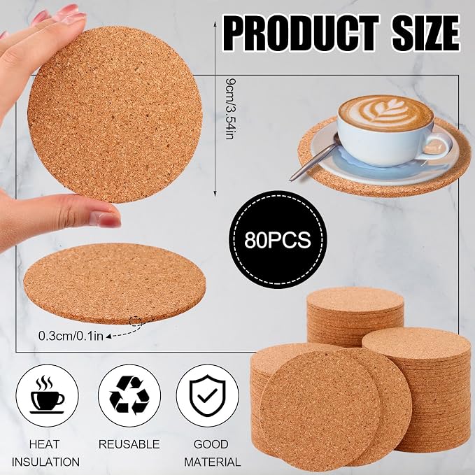 80 Pcs Cork Coasters for Drinks 3.5 Inches Reusable Round Blank Cork Coasters - Image 2