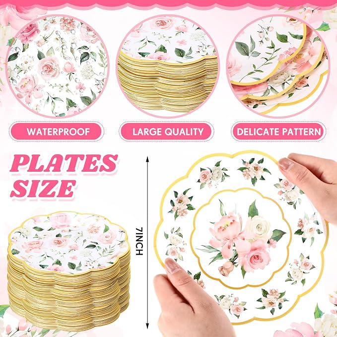 120 Pcs Spring Floral Paper Plates 7 Inch Pink Floral Party Decoration Plates - Image 2