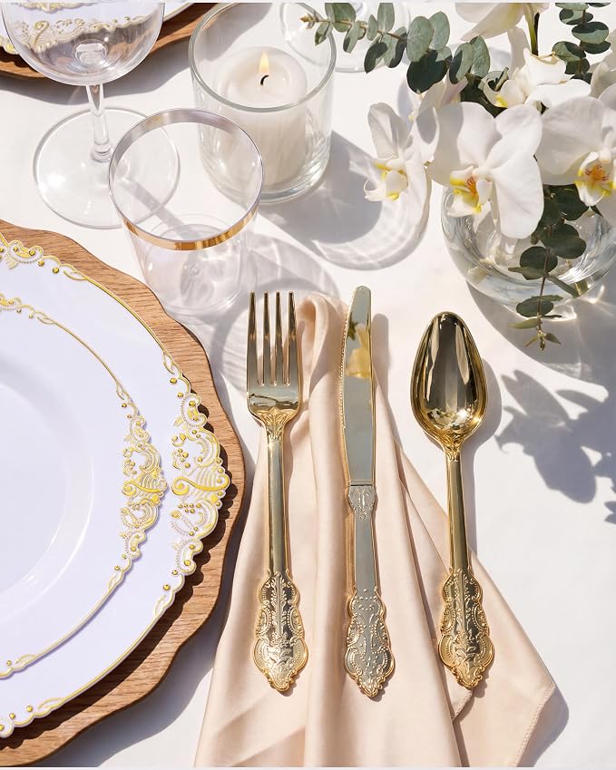 Nervure 100Pcs 10.25'' Gold Plastic Plates, Heavy Duty Disposable Plates - Image 3