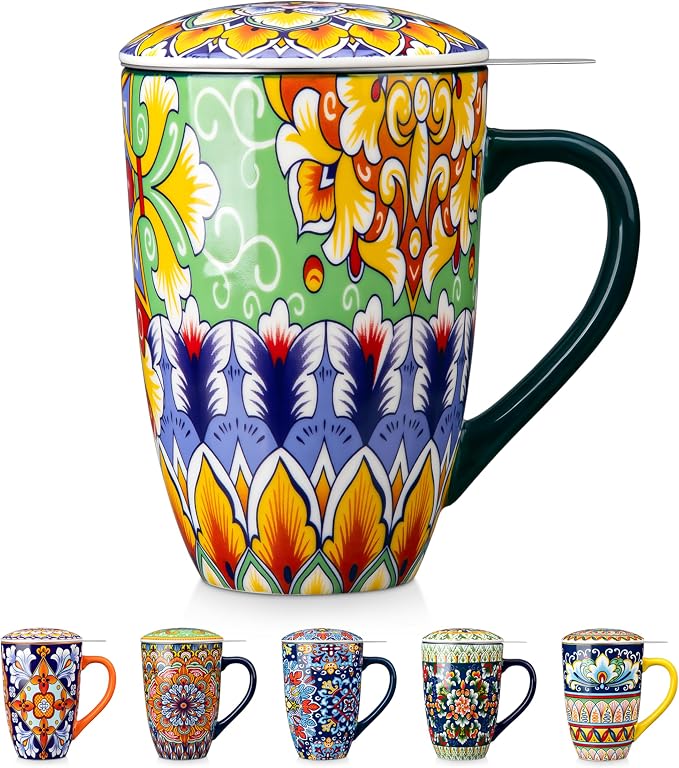 vancasso Ceramic Tea Mug with Infuser and Lid, 18 Ounce Bohemian Loose Leaf Cup by vancasso