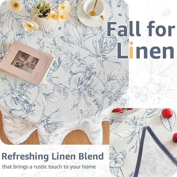 jinchan Blue Floral Linen Rectangle Table Cloth 50 x 70 Inch | Classic floral - Image 4