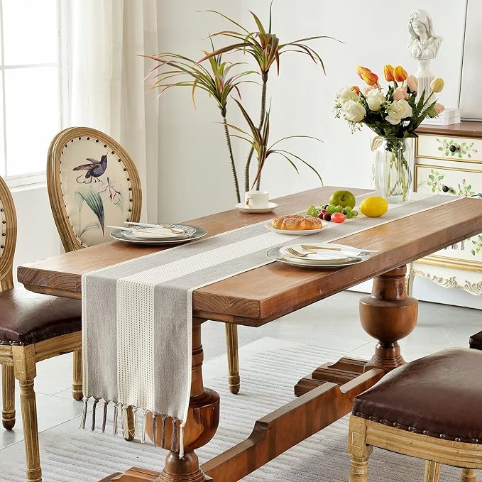 Wracra Linen Table Runner, Stripe Table Runners 72 Inches Long Coffee | - Image 7