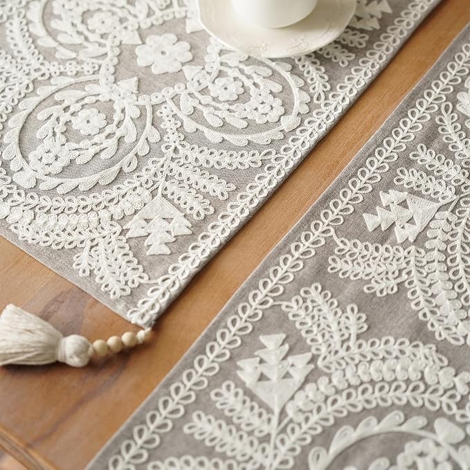 Table Runner Embroidered Lace Dresser Runner, 4 Tassel Pendants, Layered Accent - Image 6