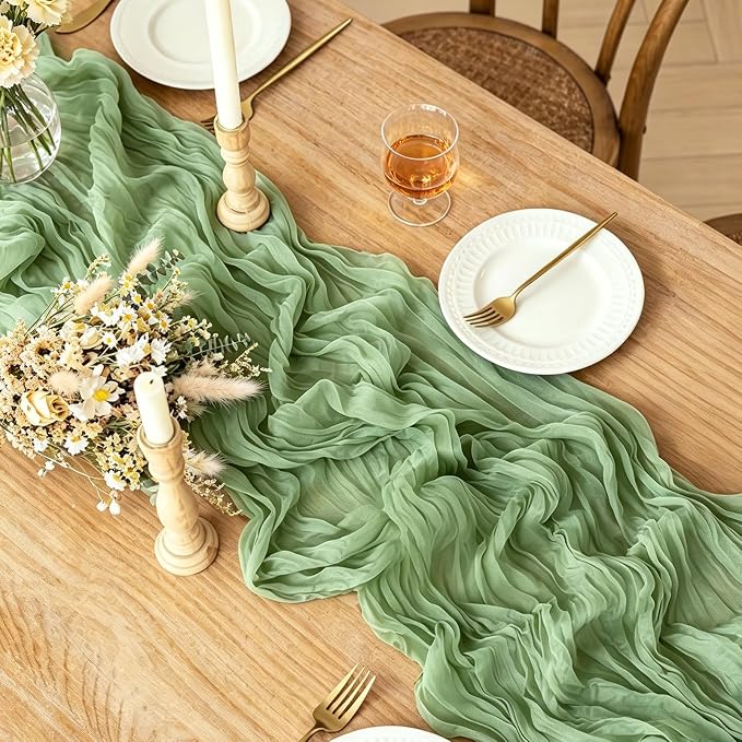 3Pcs Sage Green Cheesecloth Table Runner, 10FT Rustic Green Boho Gauze Table - Image 2