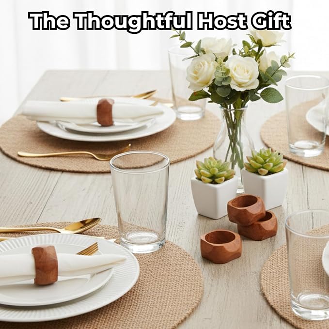 Square Acacia Wood Napkin Rings, diamond-cut edge, natural grain finish - Image 5