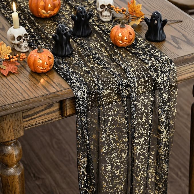 Artoid Mode Black Gold Gauze Table Runner 120 Inch 10FT, Glitter Metallic Foil by ArtoidMode