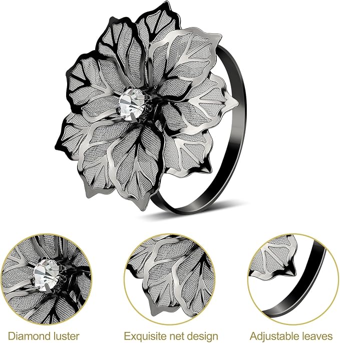 KPOSIYA Flower Napkin Rings Holder Metal Black Napkin Rings Set of 12 - Image 5