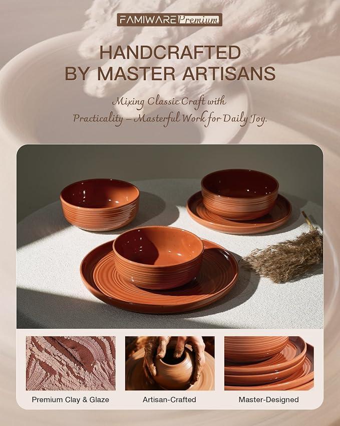 Dinnerware Set for 6, Ceramic Plates and Bowls, Terracotta | 18-Piece Ceramic - Image 5