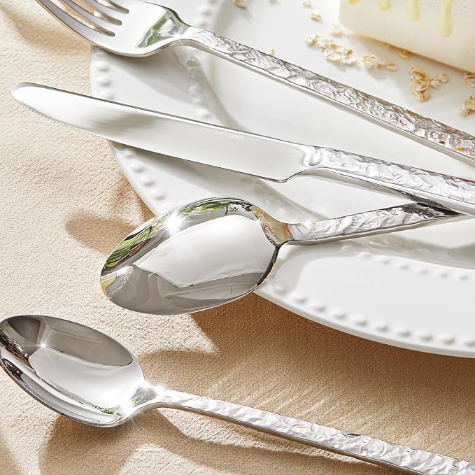 20 Pcs Hammered Silverware Set for 4, 18/10 Stainless Steel Heavy Duty Flatware - Image 6
