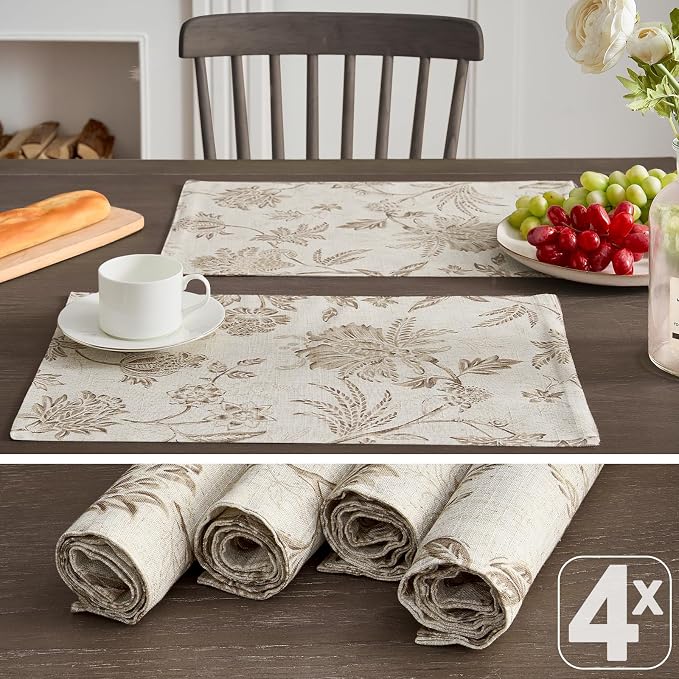 JINCHAN Sliva Linen Floral Placemats Set of 4 Farmhouse 13x19 Inch Taupe | - Image 3