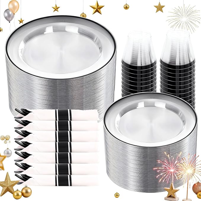 SUT 350 Pcs Black and Clear Plastic Dinnerware Set by SeeYouTomorrow