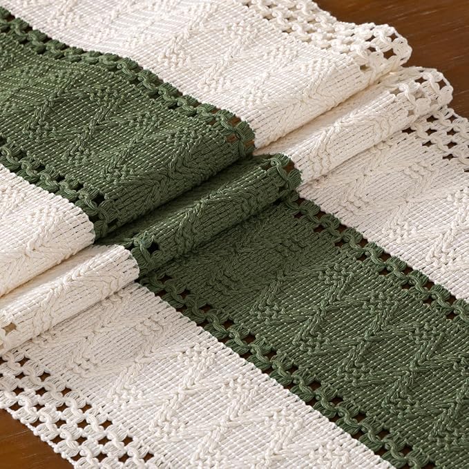 DeZerlor Ivory&Olive Green Boho Macrame Farmhouse Woven Table Runner 60Inch | - Image 6