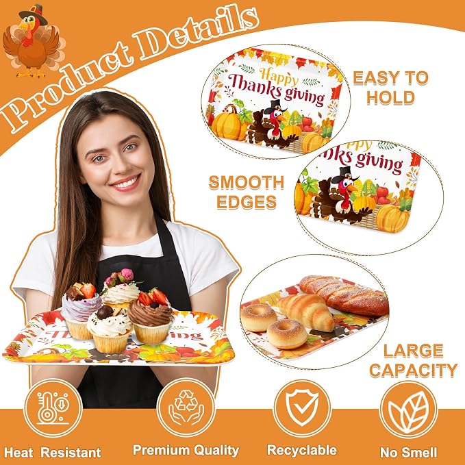 Whaline 3 Pcs Thanksgiving Day Serving Trays Turkey Pumpkin Maple Leaves - Image 3