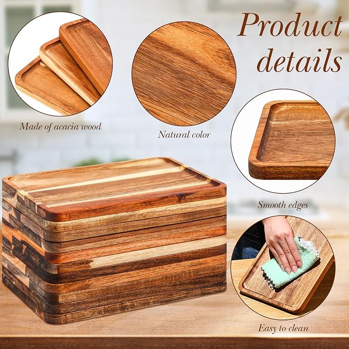 Roshtia 24 Pcs Acacia Wood Serving Tray Rectangular Wooden Serving Platter - Image 3