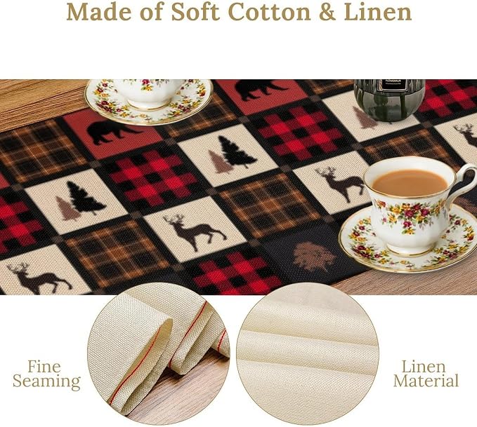 Rustic Bear Table Runner, Vintage Cottage Country Style Pine Tree Elk Wildlife - Image 5