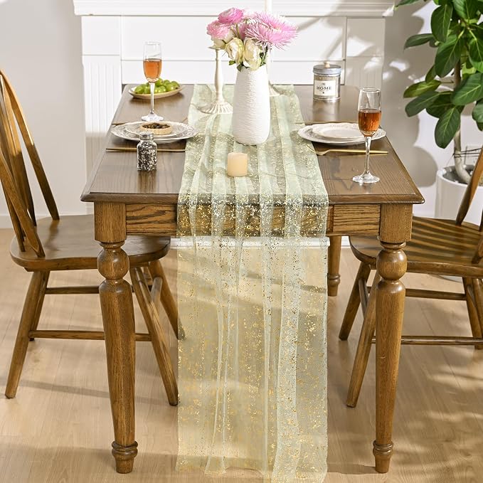 Artoid Mode 10PCS Sage Green Gold Gauze Table Runner 120 Inch 10FT, Glitter - Image 3