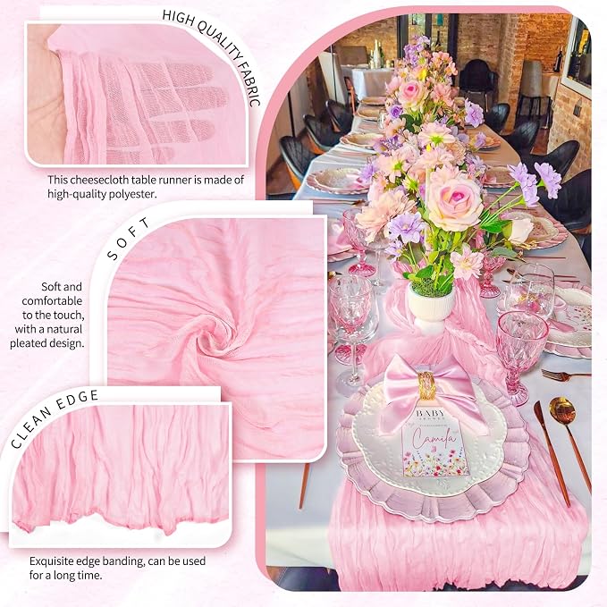 Showgeous 2 Pack Light Pink Cheesecloth Table Runners Boho Wedding Decor | - Image 3