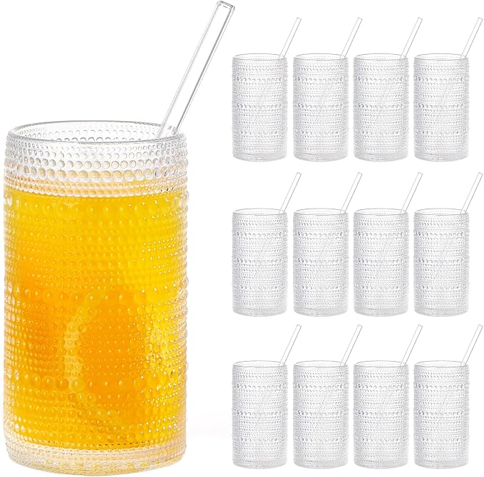 16oz Hobnail Drinking Glasses Set of 12, Vintage Large Capacity Embossed Clear by Unknown