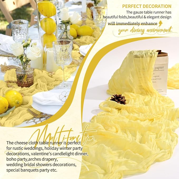Showgeous 2 Pack Light Yellow Cheesecloth Table Runners Boho Wedding Decor | - Image 6