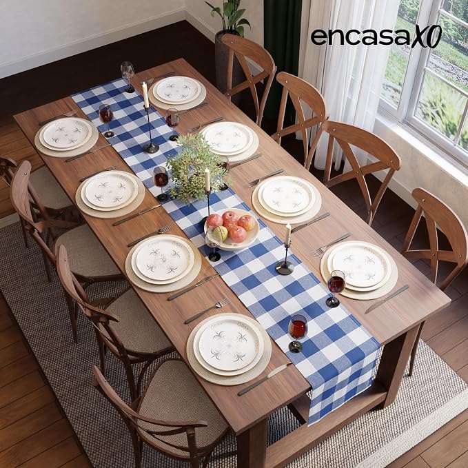 Encasa XO Table Runner, Woven Cotton Dining Runner 13"x91" Buffalo Blue Checks - Image 4