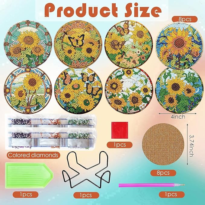 ijbnhd 8 Pcs Sunflower Diamond Art Coasters Kit Diamond Painting Coasters | - Image 3