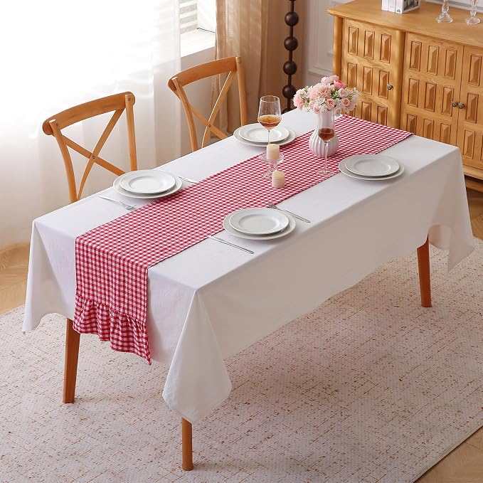 Red White Plaid Gingham Ruffle Table Runner 72 inches Long 100% Washed Cotton - Image 2