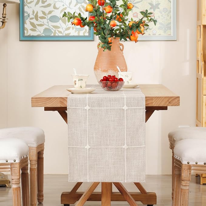 NEWISHER Rustic Embroidered Plaid Cloth Table Runner 72 inches, Farmhouse - Image 3