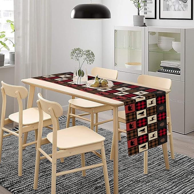 Rustic Bear Table Runner, Vintage Cottage Country Style Pine Tree Elk Wildlife - Image 2