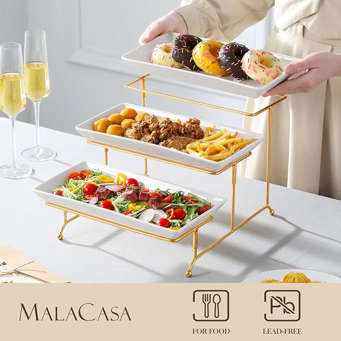 MALACASA 3 Tier Serving Trays for Party, 12 Inch Porcelain White Trays for - Image 3