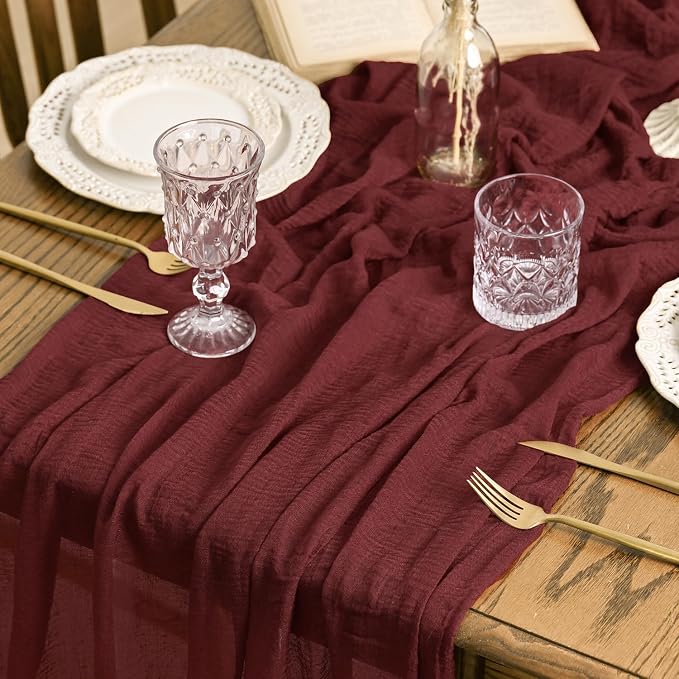 Artoid Mode 6PC Boho Cheesecloth Gauze Burgundy Wedding Table Runner, 120 Inch - Image 3