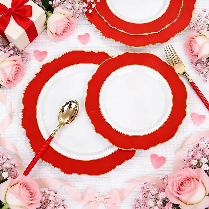 60pcs Red Plastic Plates with Gold Rim - Image 4