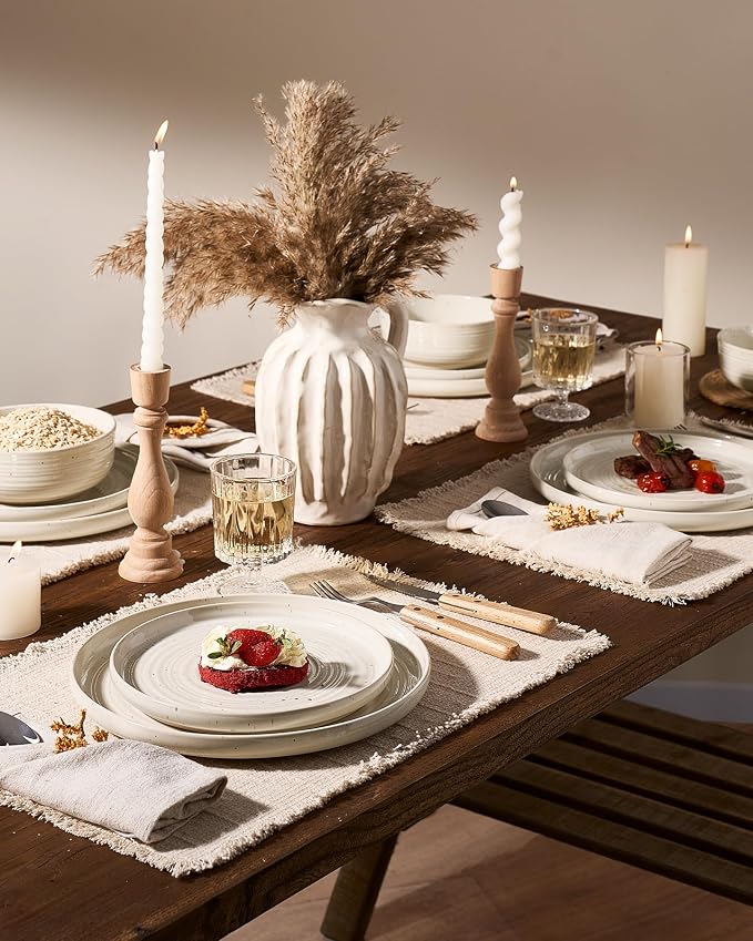 Stoneware Dinnerware Sets for 4, Reactive Glaze Plates & Bowls, Shell Beige | - Image 2