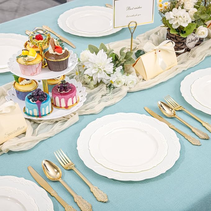 DaYammi 60PCS Ivory Plastic Plates, Fancy Plastic Plates Disposable Heavy Duty - Image 8