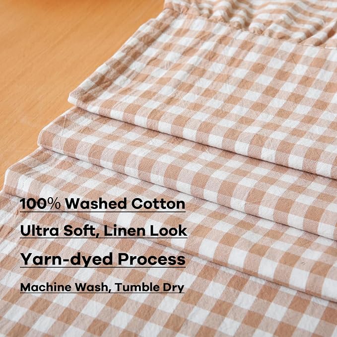 Taupe White Plaid Gingham Ruffle Table Runner 120 inches Long 100% Washed - Image 8