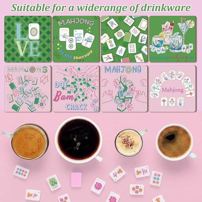 8 Pcs Mahjong Coasters 3.94 x 3.94 Drink Coasters Pink and Green Mahjong Gift - Image 5
