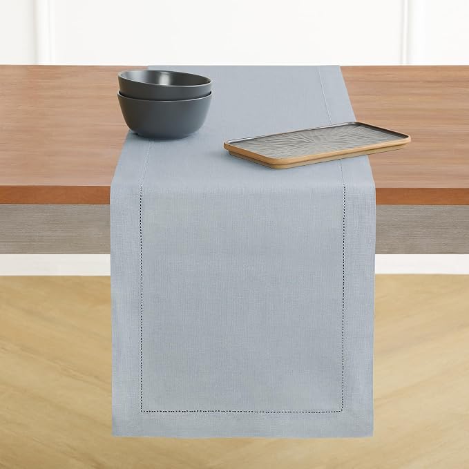 Solino Home 100% Pure Linen Table Runner Dusty Blue Hemstitch, 14 x 144 in | by SolinoHome