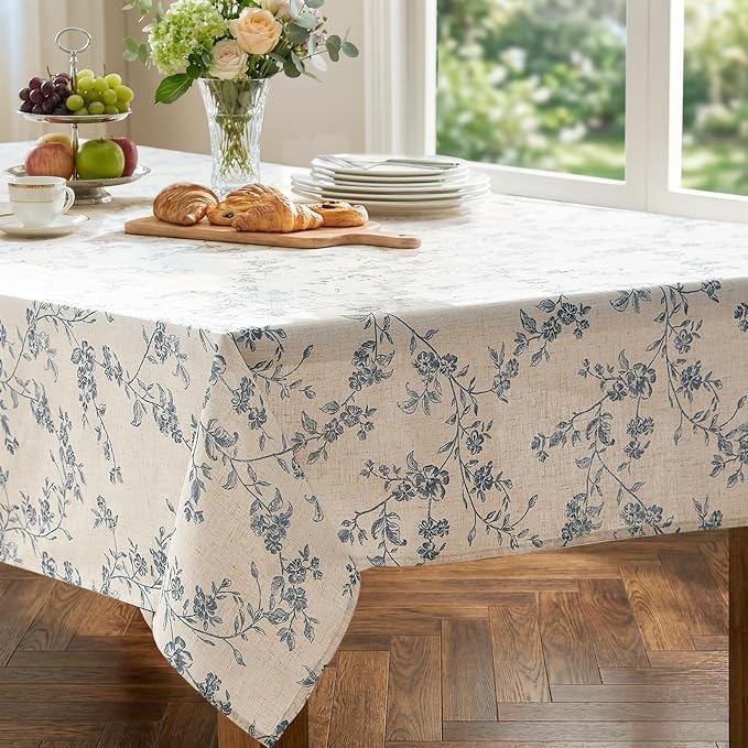 jinchan Blue Farmhouse Floral Linen Rectangle Table Cloth 52 x 70 Inch | - Image 6